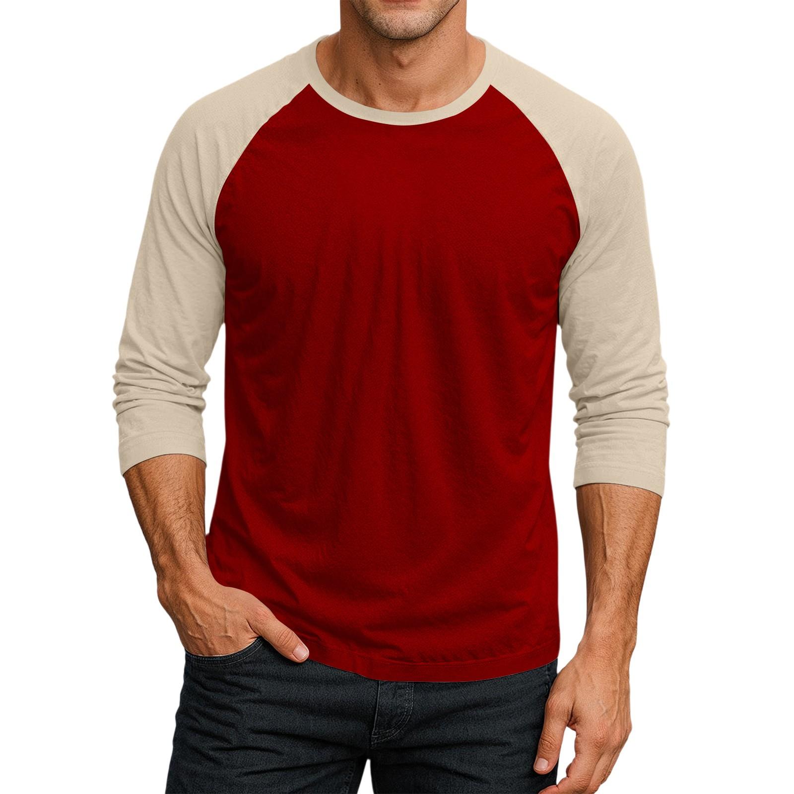 Zhengfuzhihai Heren Ronde Hals Contrasterende Kleur Raglan Driekwart Mouw Top T-shirt L rood