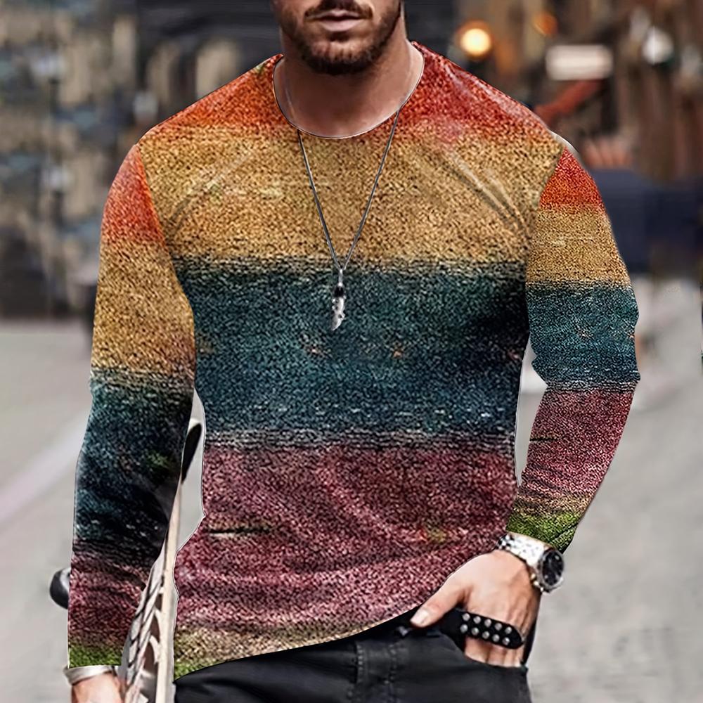 Wendy 3 Color Blocking Driedimensionale bedrukking Heren Herfst en Winter Losse ronde hals Lange mouwen Casual overhemd Oversized Retro Kleding 6XL