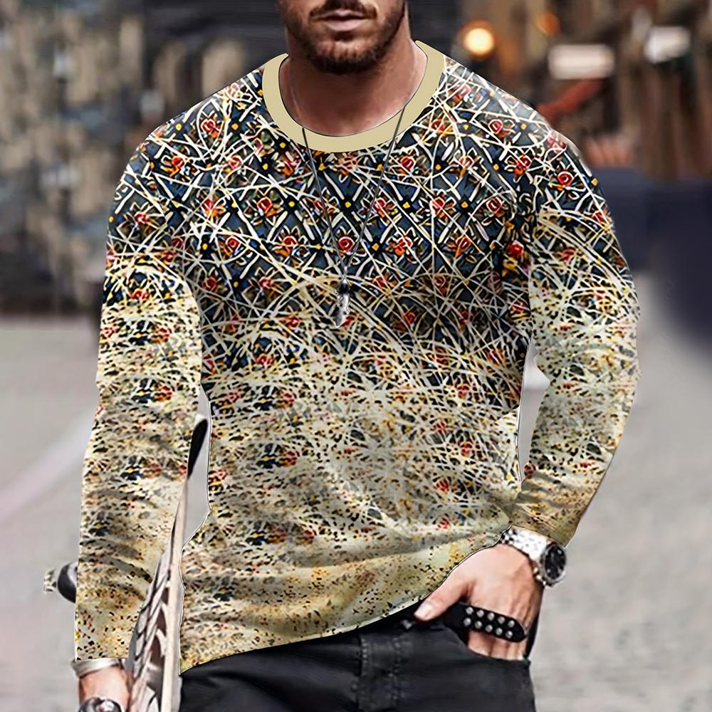 Wendy 3 Color Blocking Driedimensionale bedrukking Heren Herfst en Winter Losse ronde hals Lange mouwen Casual overhemd Oversized Retro Kleding 5XL