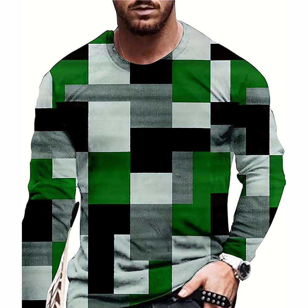 Wendy 3 Color Blocking Driedimensionale bedrukking Heren Herfst en Winter Losse ronde hals Lange mouwen Casual overhemd Oversized Retro Kleding XL