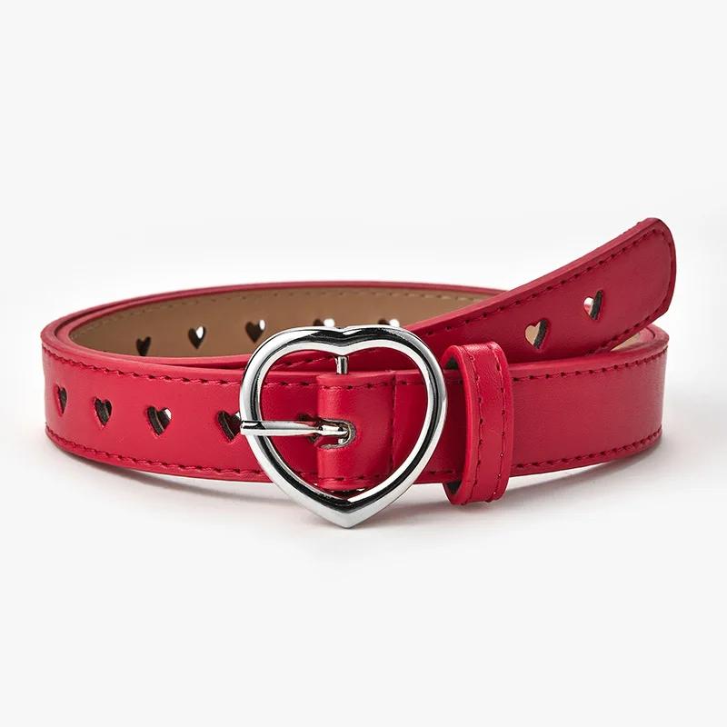 Mango Event PU Lederen Riem Kinderen Leuke Perzik Hart Gesp Riemen Voor Meisjes Effen Tailleband Liefde Hart Oogje Grommet Taille Riem 90cm rood