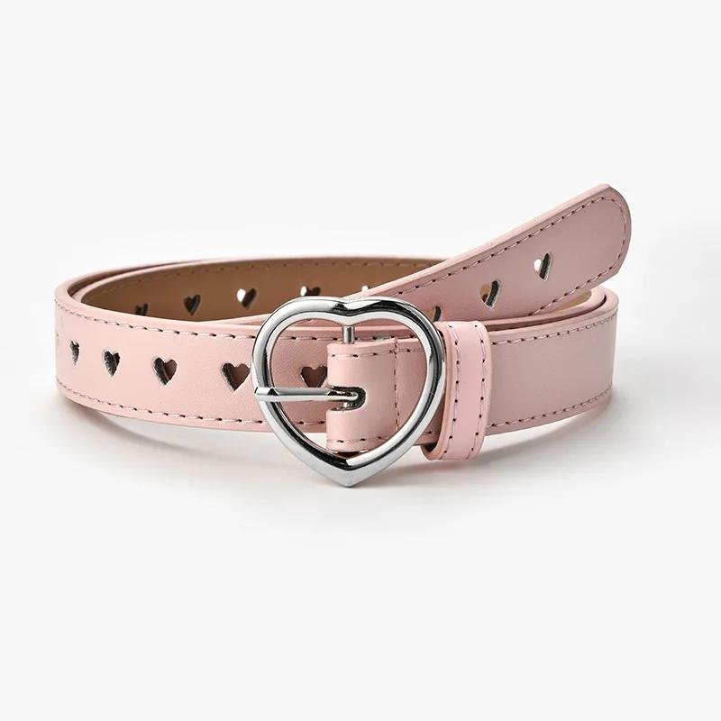 Mango Event PU Lederen Riem Kinderen Leuke Perzik Hart Gesp Riemen Voor Meisjes Effen Tailleband Liefde Hart Oogje Grommet Taille Riem 90cm roze