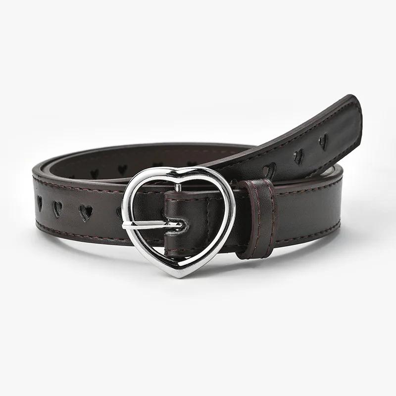 Mango Event PU Lederen Riem Kinderen Leuke Perzik Hart Gesp Riemen Voor Meisjes Effen Tailleband Liefde Hart Oogje Grommet Taille Riem 90cm koffie