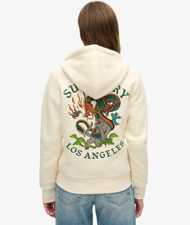 Superdry Tattoo Hoodie met Rits en Stras Crème
