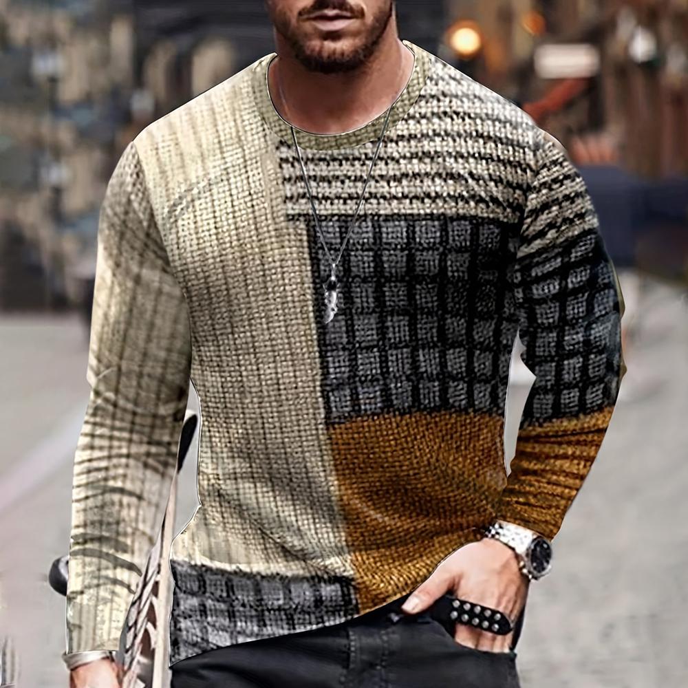 Wendy 3 Color Blocking Driedimensionale bedrukking Heren Herfst en Winter Losse ronde hals Lange mouwen Casual overhemd Oversized Retro Kleding 5XL