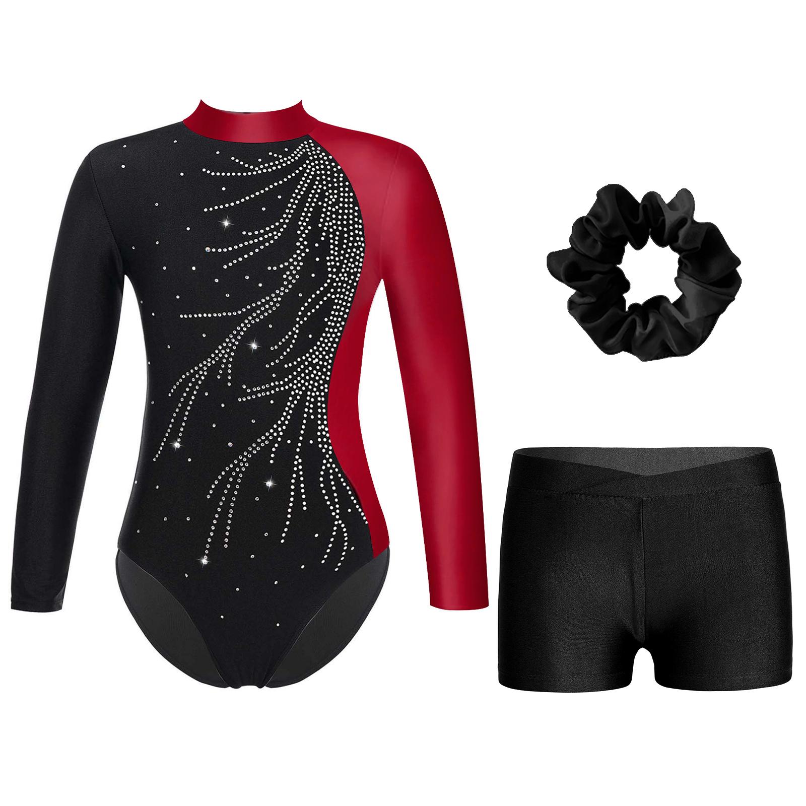 IEFiEL 2 Meisjes Gymnastiek Leotard met Shorts Hoofdband Lange Mouw Glitter Leotard Wedstrijd Danskostuum 13-14 Years bordeaux/zwart