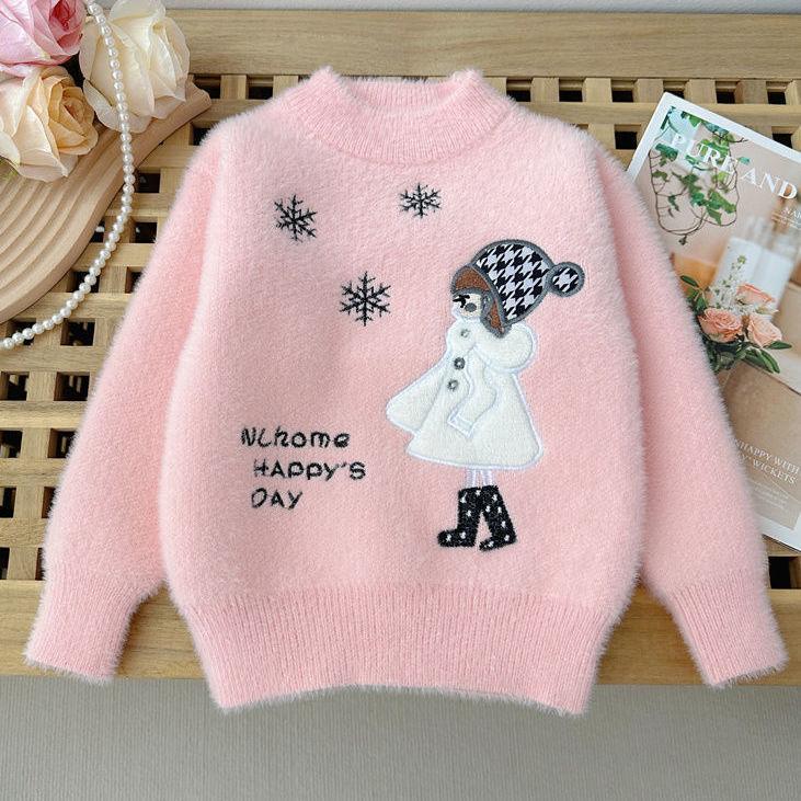 WTEMPO Meisjes Winter Imitatie Nerts Bont Cartoon Sneeuwvlok Meisje Trui met Dikke Velvet Top Ronde Hals Trui 100