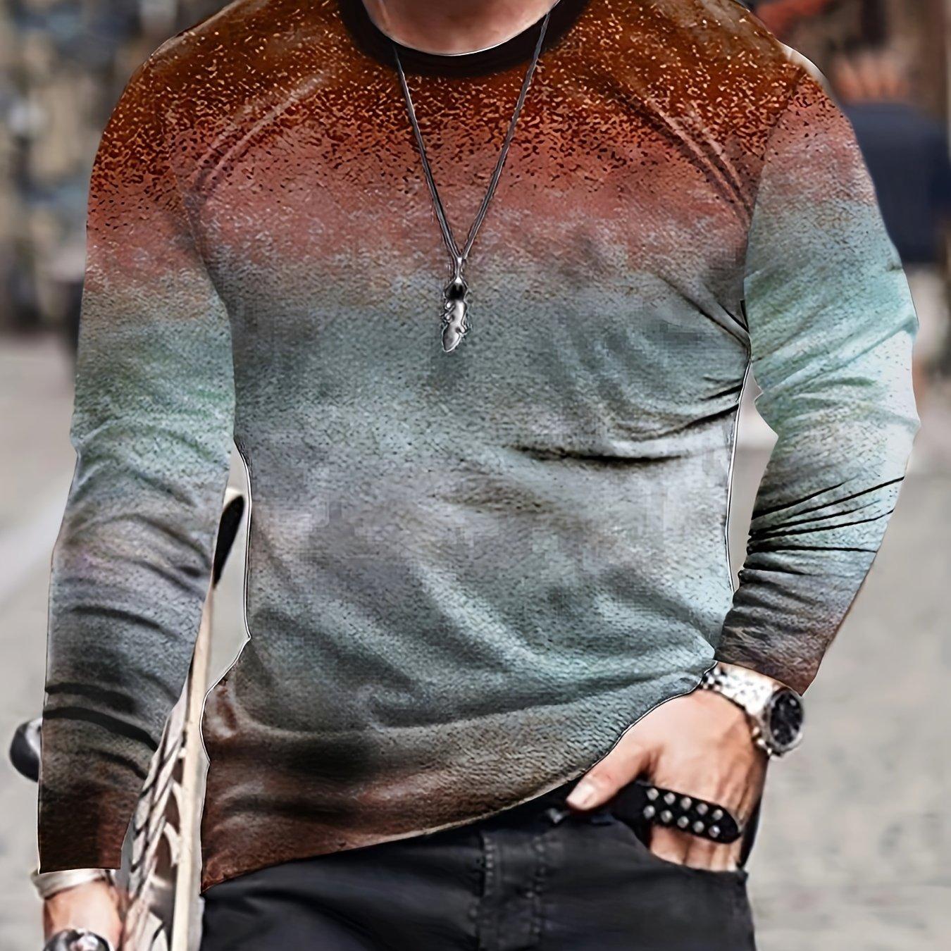 ETST 007 Heren 3D-geprint gradiënt T-shirt met lange mouwen Lente- en herfstmode Casual Retro-stijl Oversized ronde hals T-shirts Tops XL