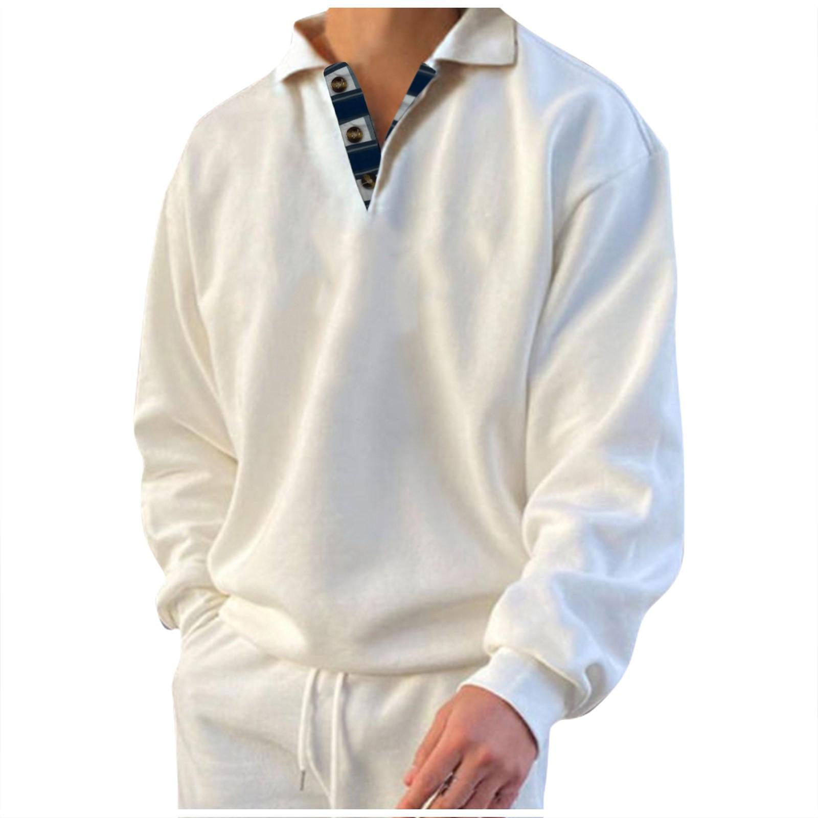 Ren Fashion Heren Sweatshirt Winter Sweatshirt Effen Kleur Revers Losse Lange Mouw T-shirt XXL wit