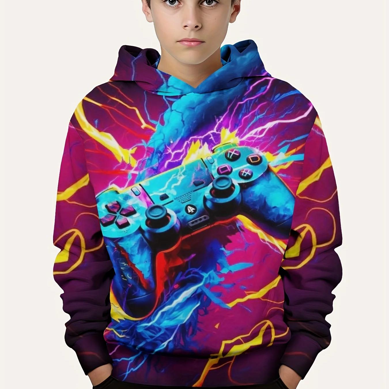 ETST 07 mode kleurblok gamepad 3d print leuke en gezellige hoodie voor kinderen jongen houd hem warm en stijlvol kind capuchon trui tops kleding 150