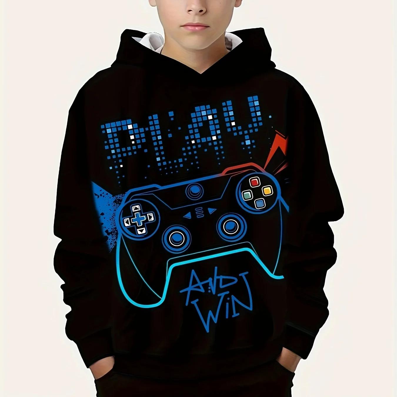 ETST 07 mode kleurblok gamepad 3d print leuke en gezellige hoodie voor kinderen jongen houd hem warm en stijlvol kind capuchon trui tops kleding 160