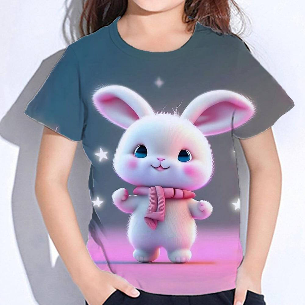 Xuhaijian02 Girl Clothes Children T-Shirt Short Sleeve Cute Rabbit Print Kids Summer Clothes Casual Fashion O-Neck Tops Children's Clothing 160