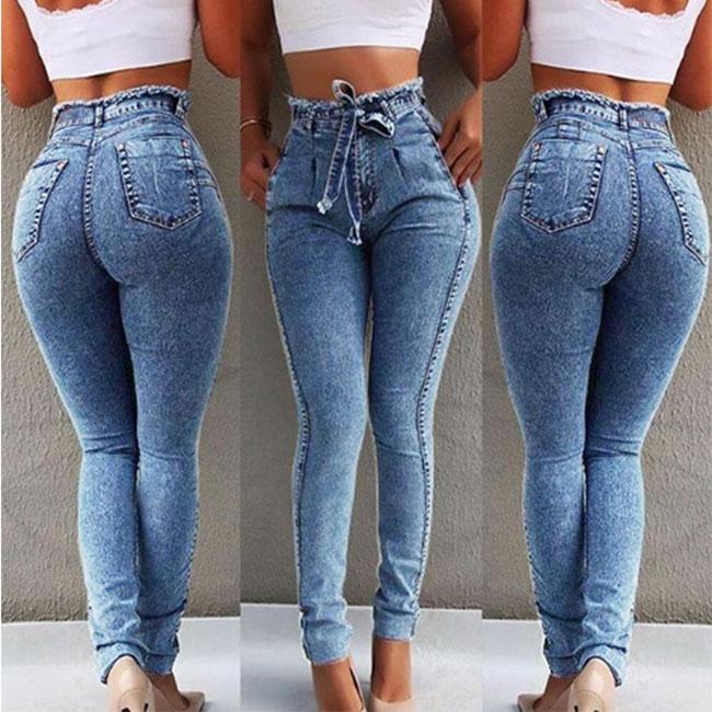 WTEMPO Hoge Taille Jeans voor Dames Slim Stretch Denim Jeans Bodycon Kwast Riem Bandage Skinny Push Up Jeans Dameskleding 4XL 5XL L lichtblauwe kleur