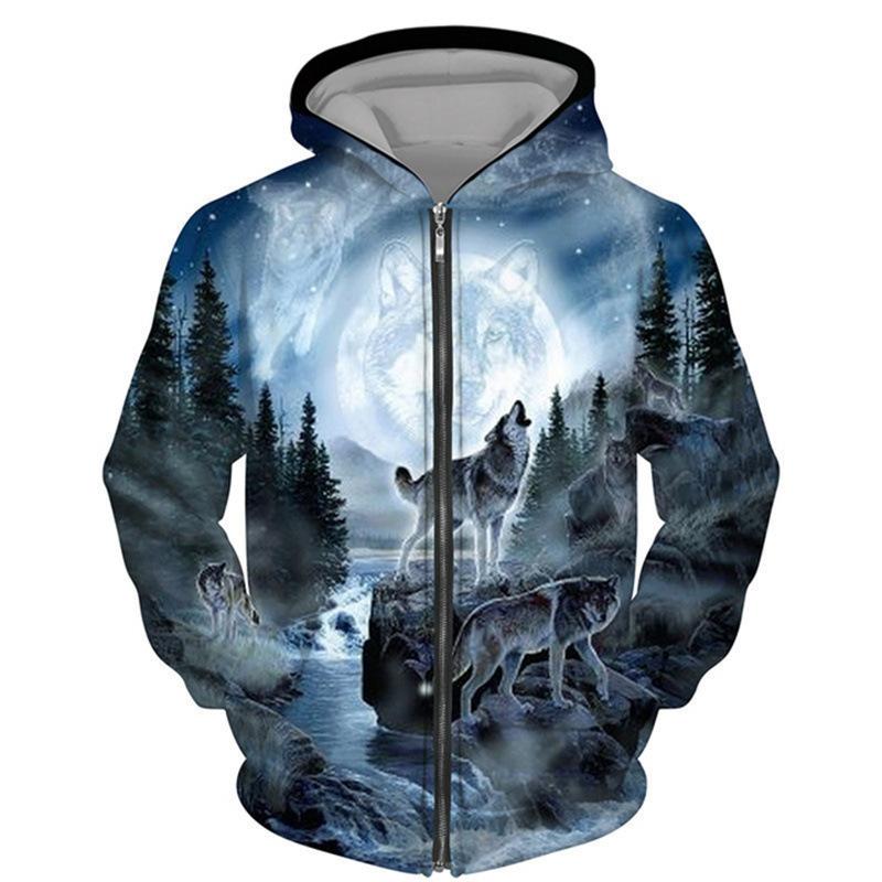 HerSight Lente Herfst 3D Wolf Serie Bedrukt Rits Hoodie Heren Dames Koppels Hoodie Hoodie Jas Casual Mode Jas L