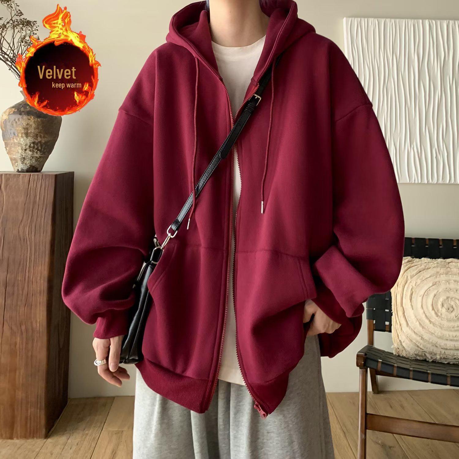 VantaGoods Wijnrode herenjas met capuchon: Lente/Herfst Zware Losse Rits Cardigan Trui M