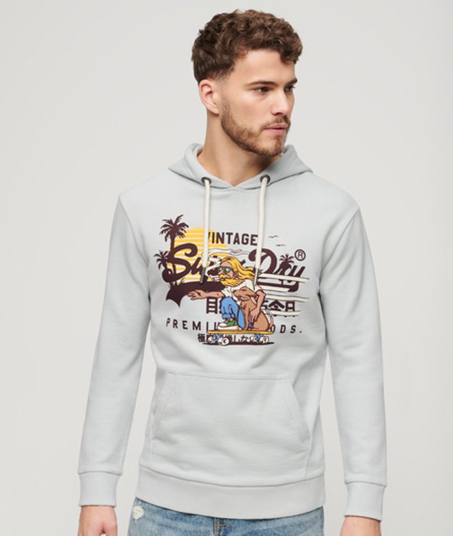 Superdry Hoodie met Vintage-logo en Grafische Print Lichtblauw