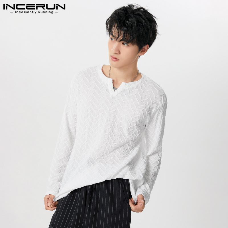 INCERUN Lente Heren V-hals Lange Mouw Textuur Tops Oversized T-shirts XL