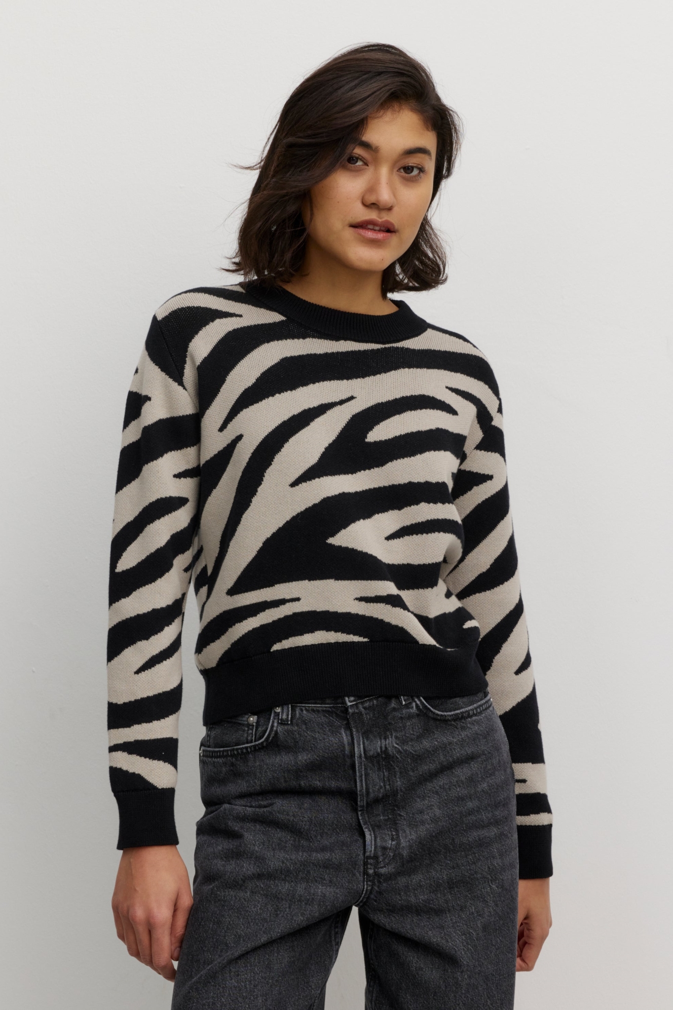 Recolution Damen vegan Pullover Pistia Zebra Schwarz