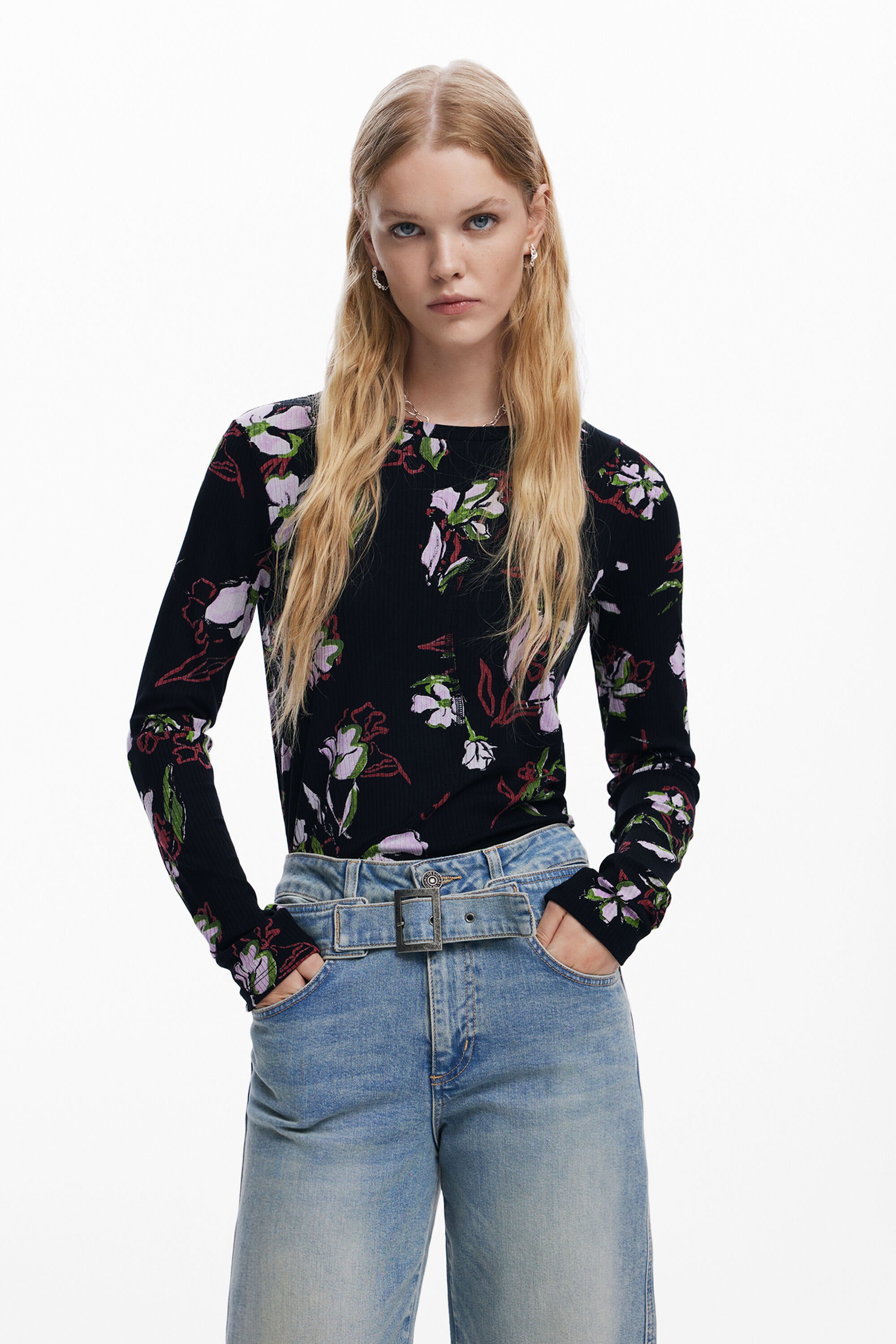 Desigual Bloemen T-shirt - BLACK