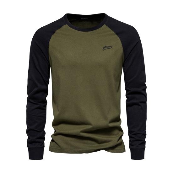 Fashion Choice Heren Raglan Lange Mouw T-shirt O-hals Patchwork Kleur Pullover Tops Losse Pasvorm Elastische Manchetten Ademend Casual Tops L legergroene kleur