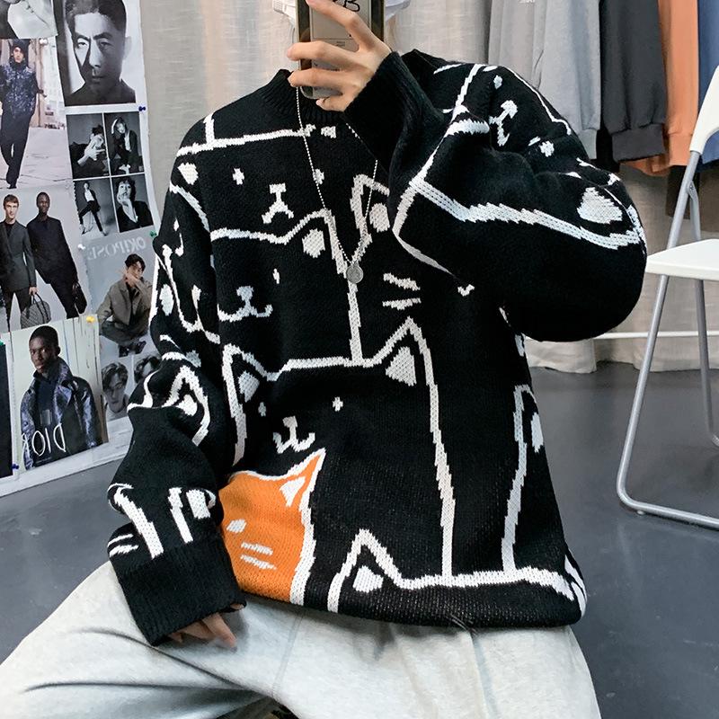 VantaGoods Trendy Hong Kong-stijl cartoontrui voor heren - losse pasvorm, ronde hals, gebreide herfst/wintermode voor studenten L