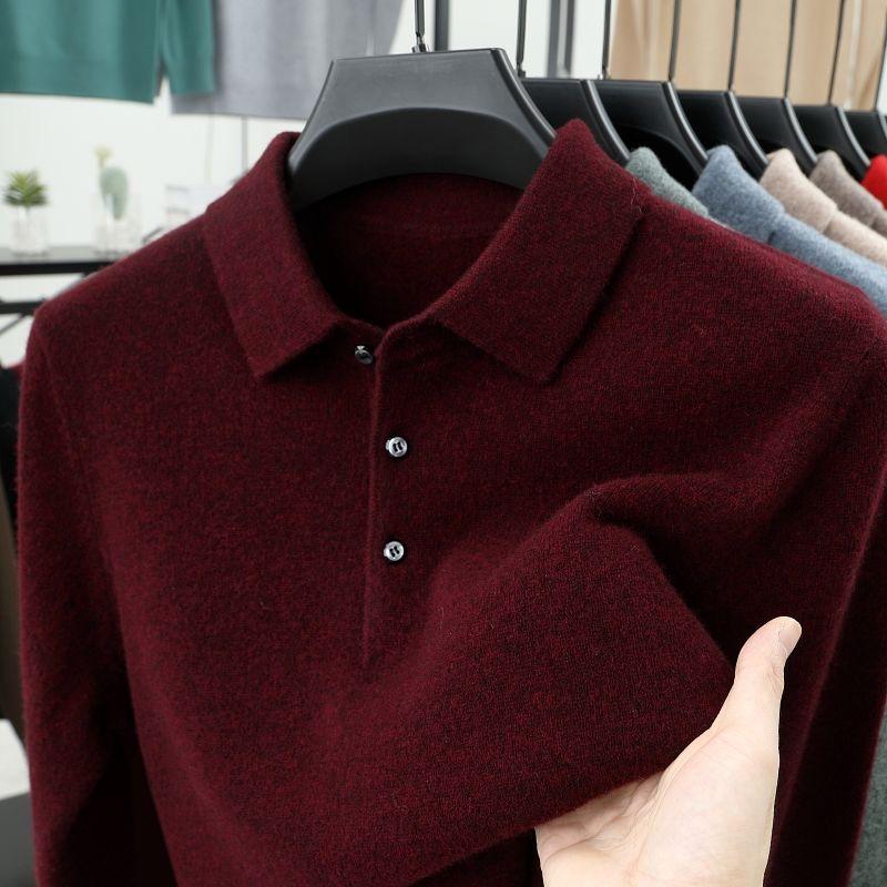 Taiai Smart Casual Herfst Winter Trui Heren Effen Revers Knoop Eenvoud Mode Luxe Lange Mouw Pullovers Gebreide Tops 4XL wijnrode kleur