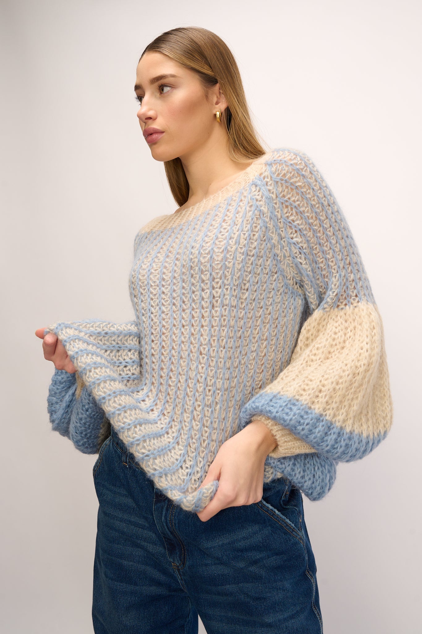 Noella Liana Knit Sweater Dusty Blue Cream