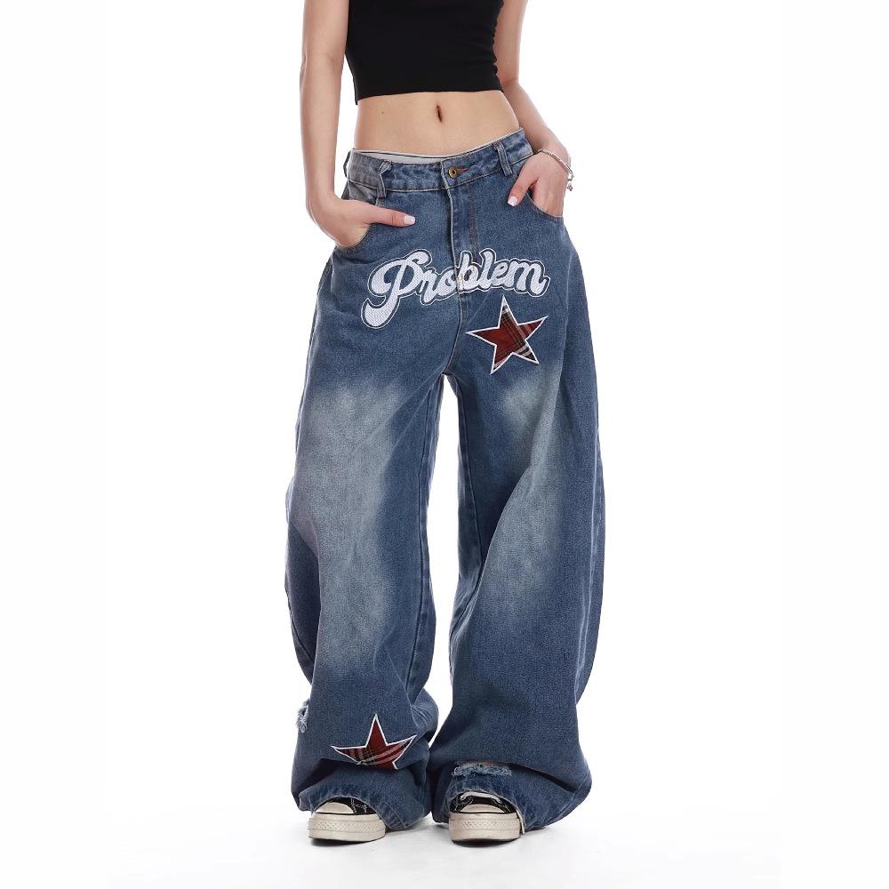 NOWVOGUE Vintage Spice Star Geborduurde Wijde Pijpen Machete Jeans Dames Y2K Punk Stijl Baggy Slim Joker Rechte Mop Broek S blauw