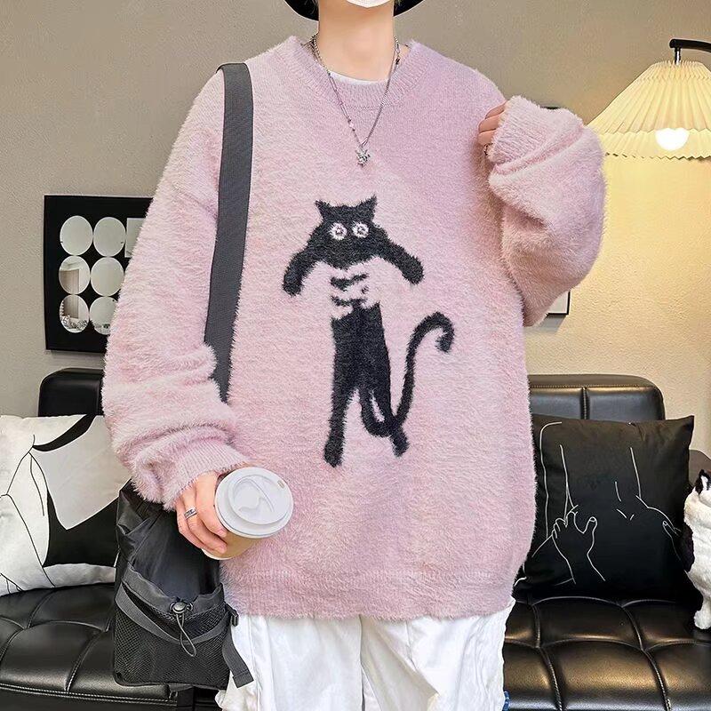 NICE2CU Heren trui met schattig kattenpatroon losse ronde hals gebreide trui met lange mouwen herfsttrui winter warme kleding XL roze