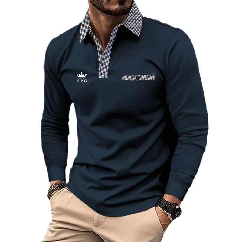 Bengbukulun Heren Poloshirt met Lange Mouwen en Revers met Nepzakontwerp Lente en Herfst Nieuw Product Zakelijk Licht Volwassen Heren Top T-shirt 3XL marineblauwe kleur