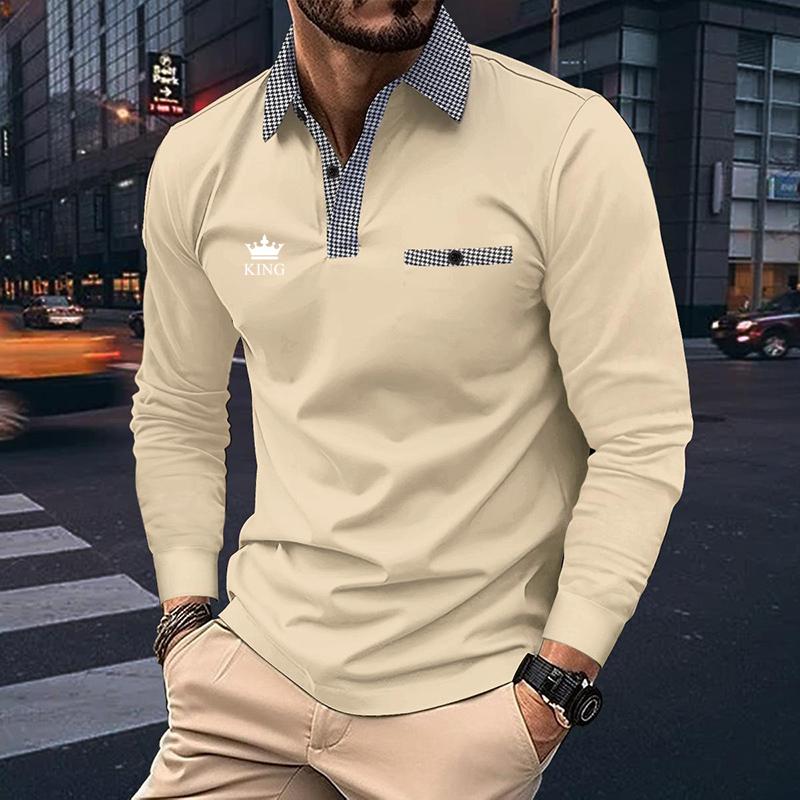 Bengbukulun Heren Poloshirt met Lange Mouwen en Revers met Nepzakontwerp Lente en Herfst Nieuw Product Zakelijk Licht Volwassen Heren Top T-shirt 3XL beige