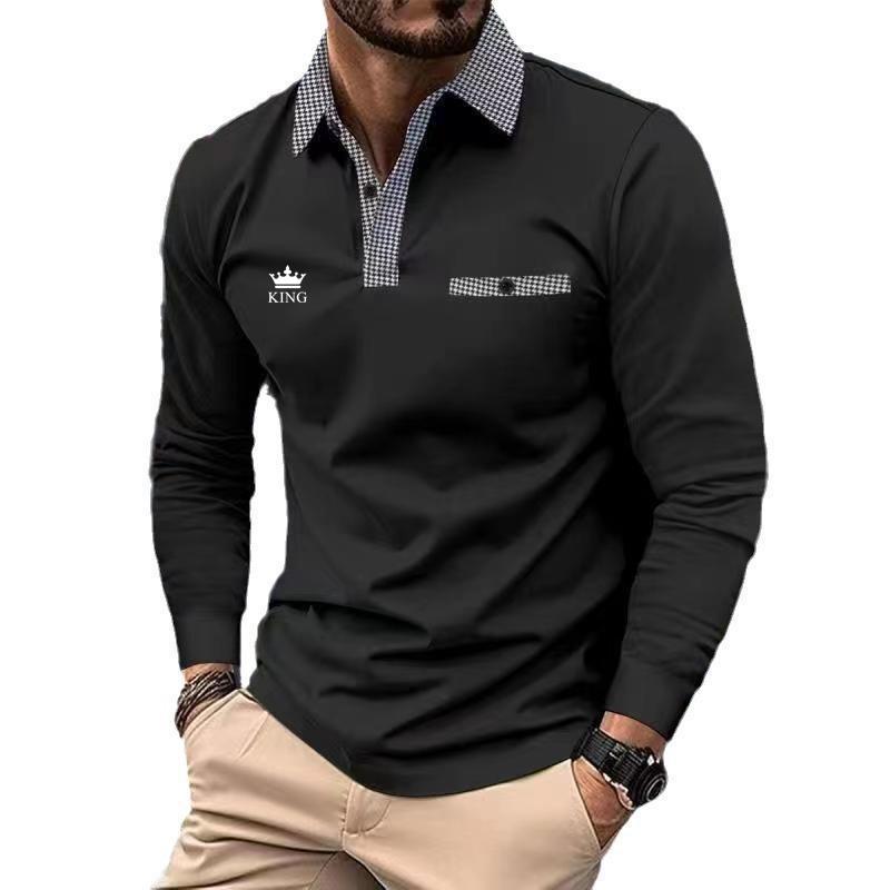 Bengbukulun Heren Poloshirt met Lange Mouwen en Revers met Nepzakontwerp Lente en Herfst Nieuw Product Zakelijk Licht Volwassen Heren Top T-shirt 3XL zwart