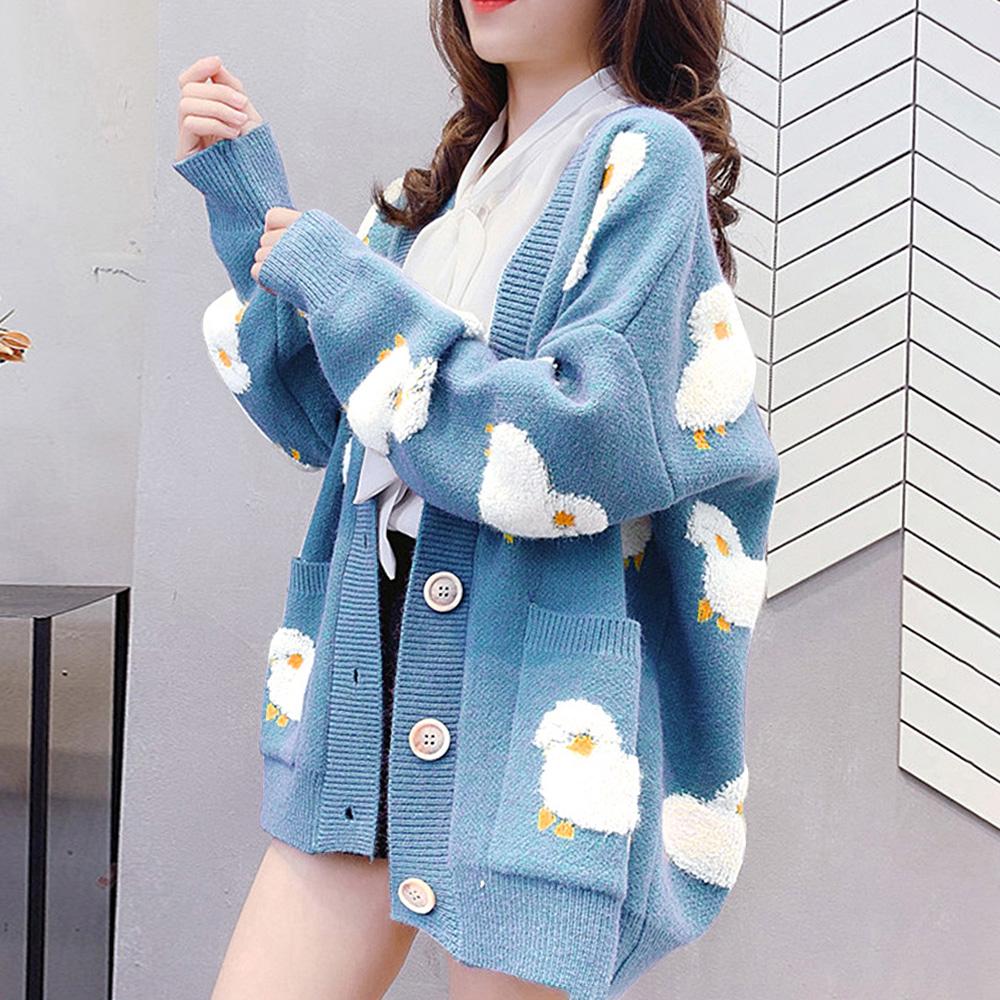 TOMTOP JMS Vrouwen Oversized Breien Cardigan Jas Schattige Schapen Knopen Voorkant met Zak Losse Trui Casual One Size blauw
