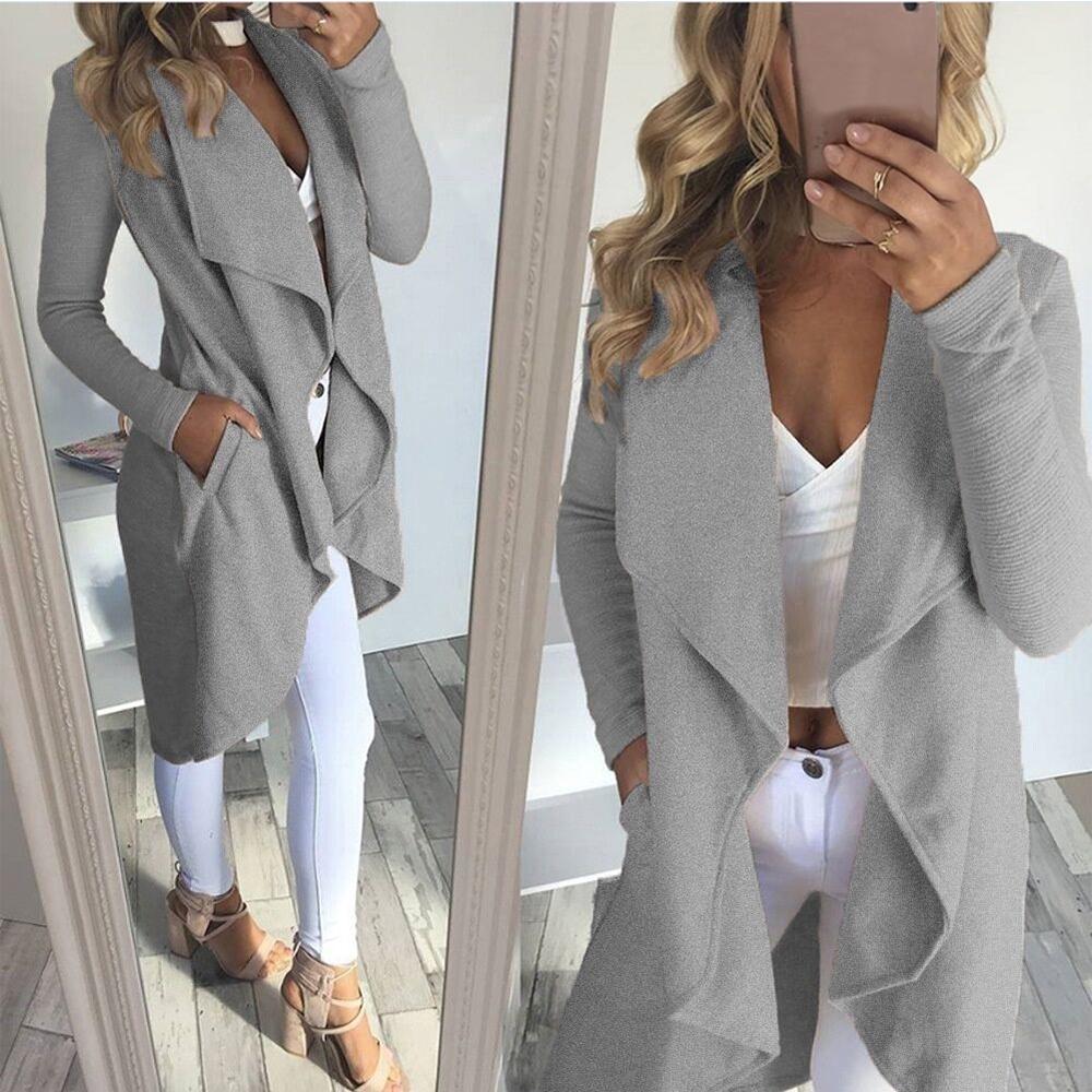 Lou Fashion LOU Herfst Dames Trenchcoat Effen Cardigan Windjack Buitenkleding Asymmetrische Reverskraag Jas L koele grijze kleur