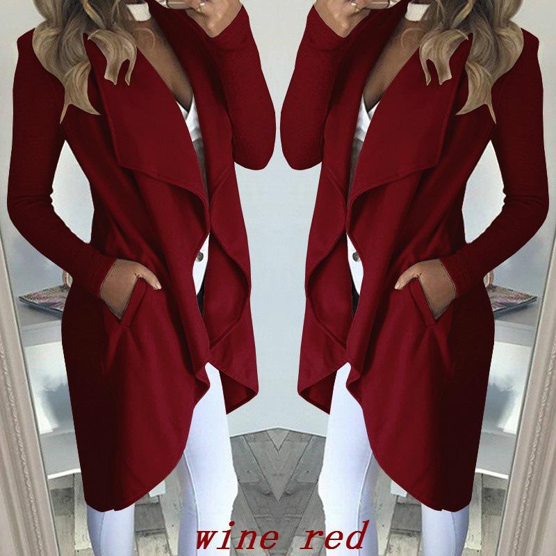 Lou Fashion LOU Herfst Dames Trenchcoat Effen Cardigan Windjack Buitenkleding Asymmetrische Reverskraag Jas 3XL wijnrode kleur