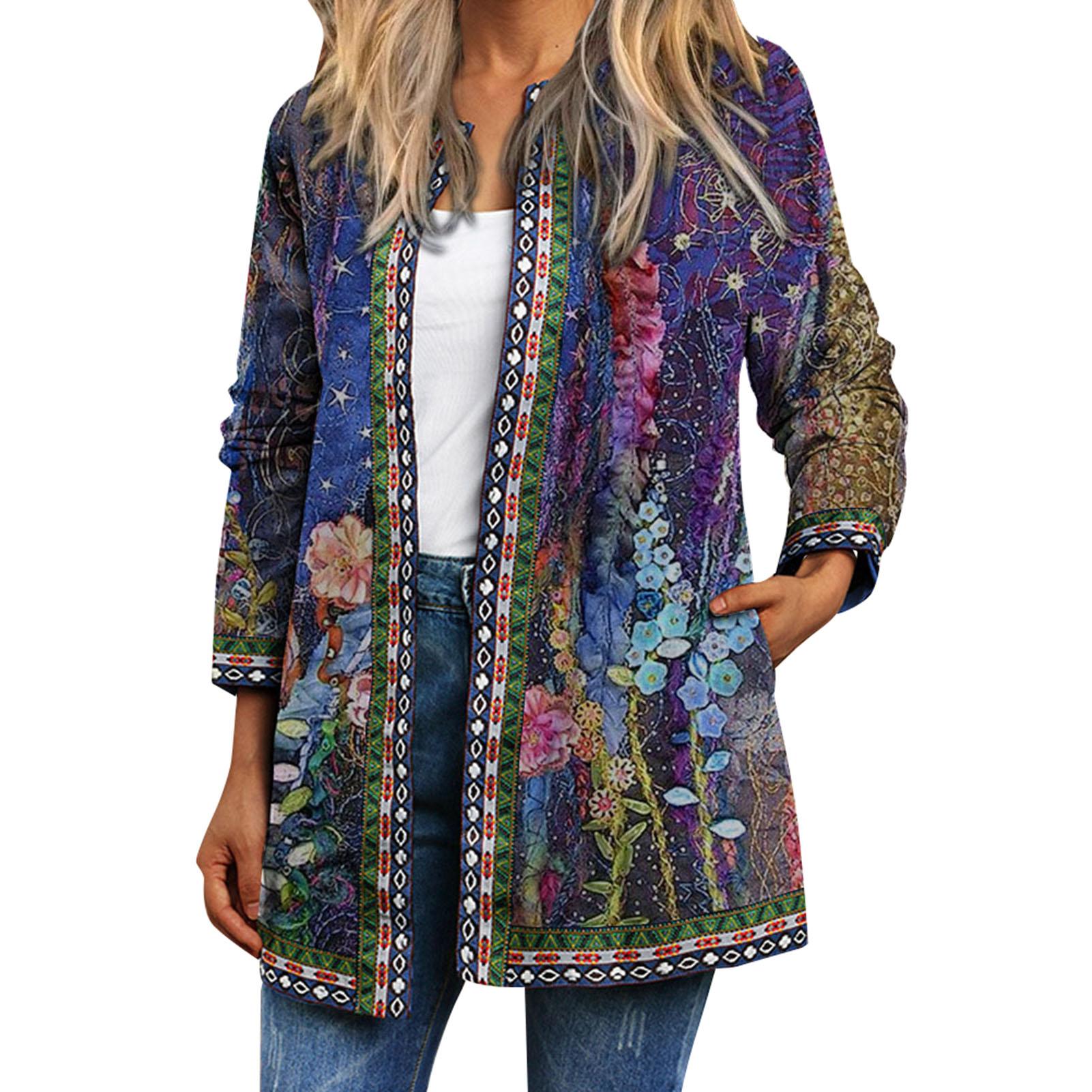 TOMTOP JMS Vintage Dames Print Cardigan Lange Mouw Zak Losse Casual Jas Jas Buitenkleding Large blauw