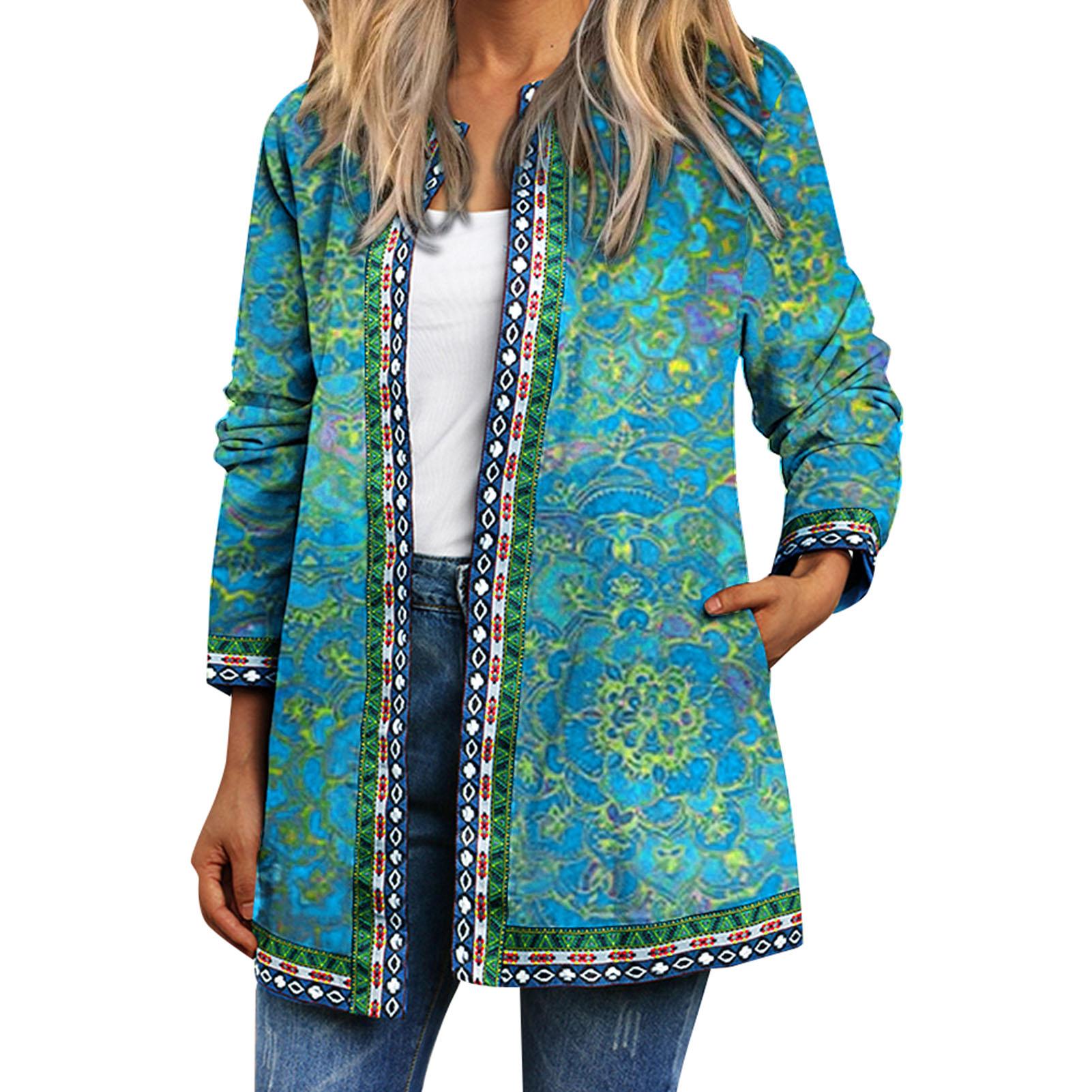 TOMTOP JMS Vintage Dames Print Cardigan Lange Mouw Zak Losse Casual Jas Jas Buitenkleding Medium groen