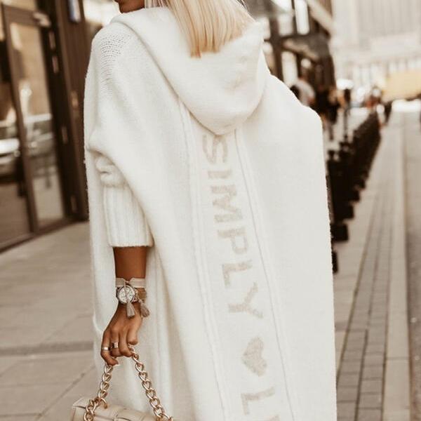 LINGCHEN2 Herfst en winter Nieuwe capuchon losse gebreide middellange vestjas XL wit