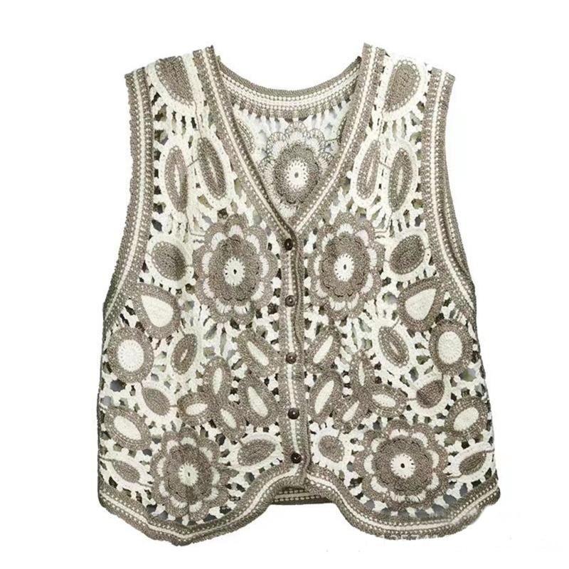 Glue pudding Dames haak gebreide contrasterende kleur geometrische bloemen mouwloos vest gilet V-hals knoopsluiting los bijgesneden voor jas kaki