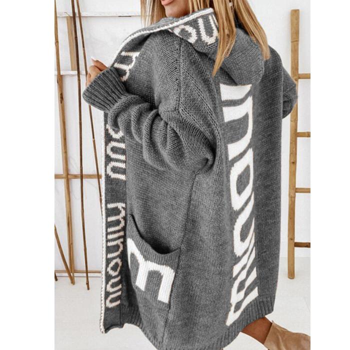 Fashion bag01 Gebreide trui Winter Medium Lengte Cardigan Letter Capuchon Gebreide Damestrui L grijs