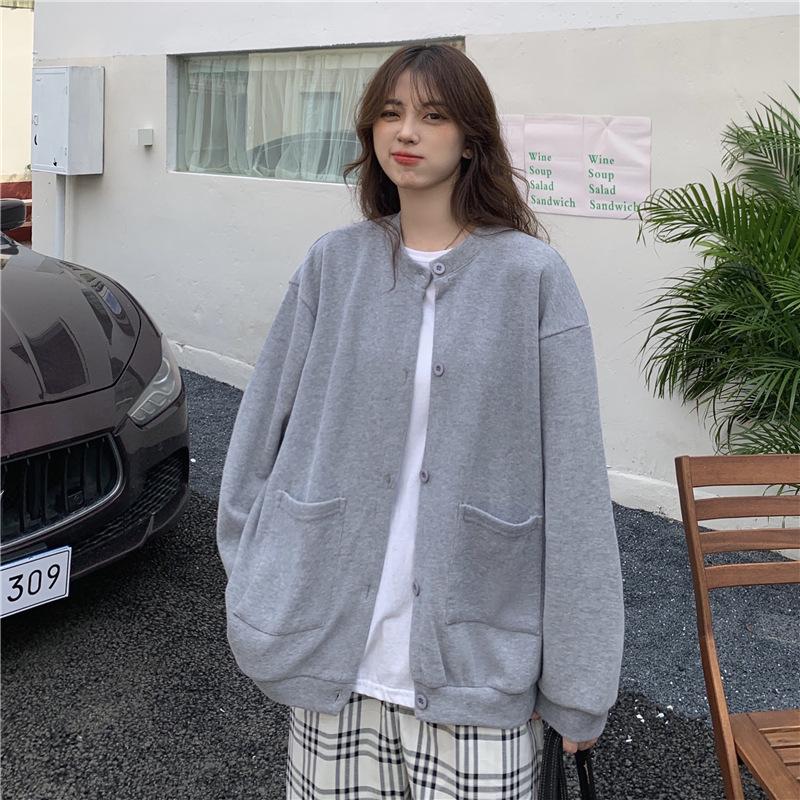 Boho berry Herfstjas met effen knopensweater voor dames, Koreaanse editie, eenvoudige vestjas One size grijs