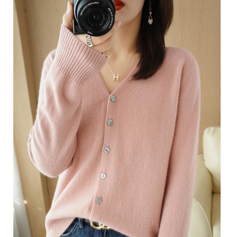 CANVAUS Vrouwen Vesten Herfst Winter Single Breasted Knitwears Lange Mouw V-hals Gebreid Vest Koreaanse Mode Lente Casual Trui XXL roze
