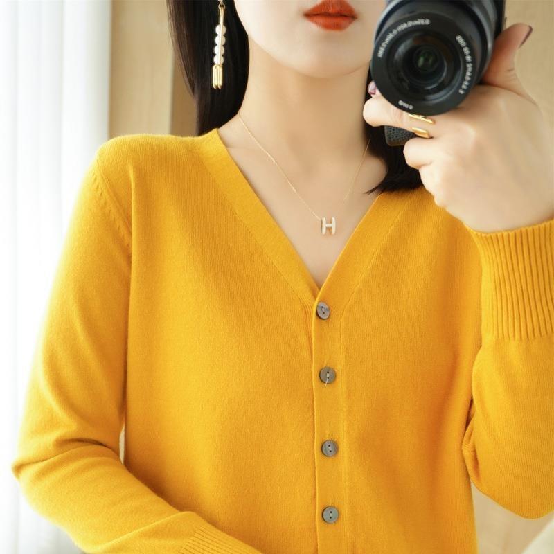 CANVAUS Vrouwen Vesten Herfst Winter Single Breasted Knitwears Lange Mouw V-hals Gebreid Vest Koreaanse Mode Lente Casual Trui XXL geel