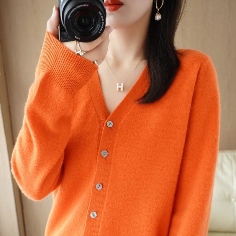 CANVAUS Vrouwen Vesten Herfst Winter Single Breasted Knitwears Lange Mouw V-hals Gebreid Vest Koreaanse Mode Lente Casual Trui XXL oranje