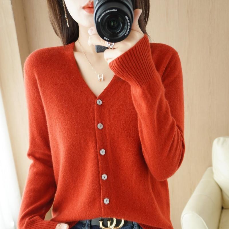 CANVAUS Vrouwen Vesten Herfst Winter Single Breasted Knitwears Lange Mouw V-hals Gebreid Vest Koreaanse Mode Lente Casual Trui L rood