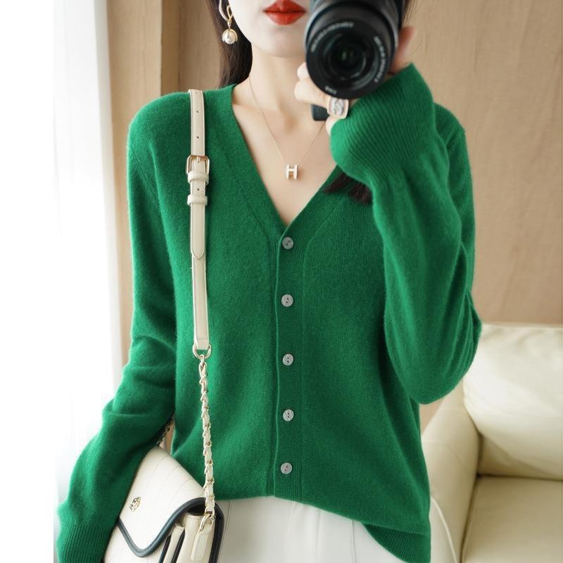 CANVAUS Vrouwen Vesten Herfst Winter Single Breasted Knitwears Lange Mouw V-hals Gebreid Vest Koreaanse Mode Lente Casual Trui XXL groen