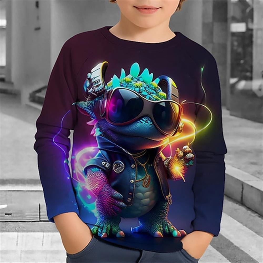 HerSight Herfstkleding voor jongens Kinderen Kids 3d Dierenprint Koreaans T-shirt met lange mouwen Jongen Meisjes T-shirt 4-12 jaar T-shirts 130