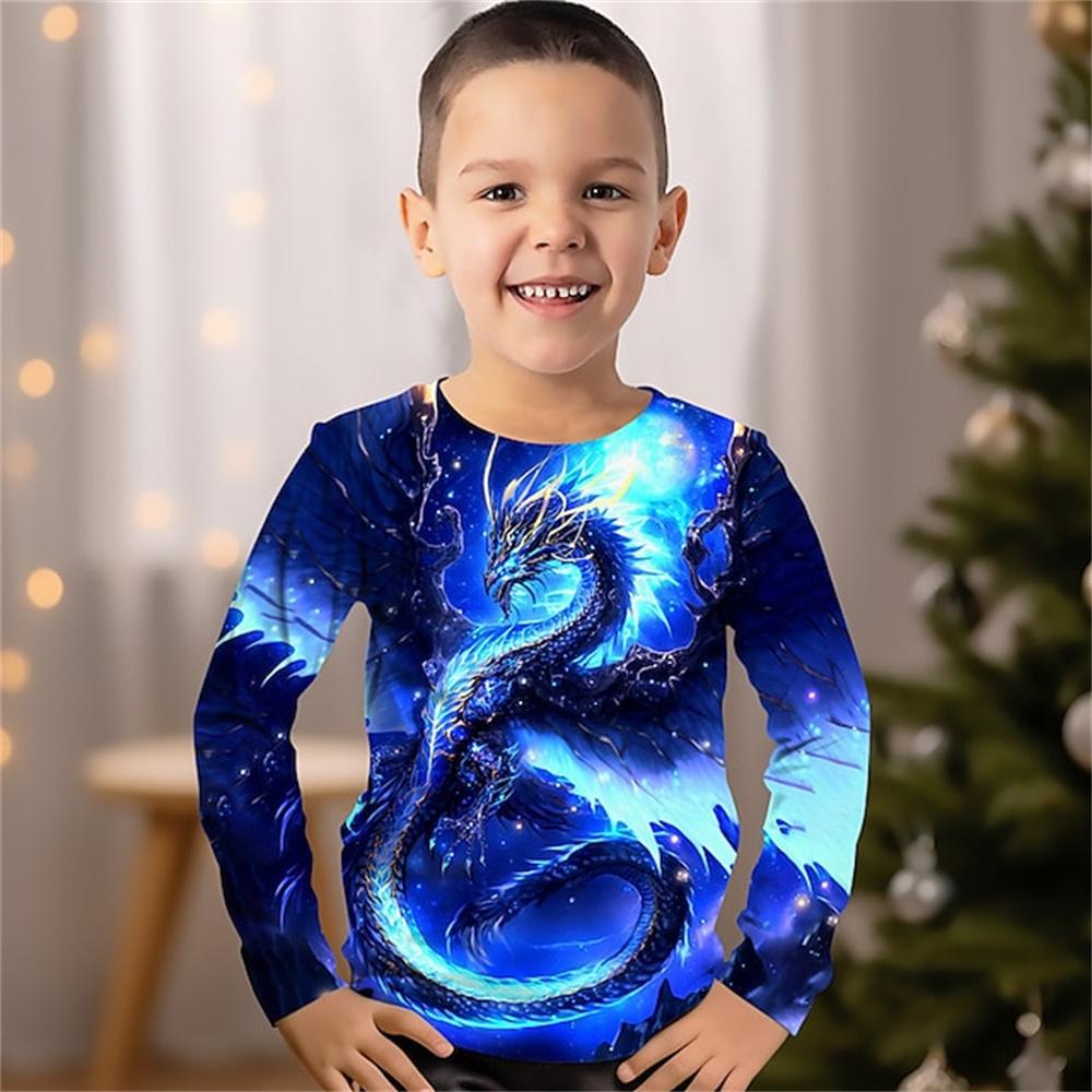 HerSight Kinderkleding Jongenskleding Chinese Draak 3d Print T-shirt met Lange Mouwen Kinder T-shirts Casual Blauwe Grafische T-shirts Jongenskleding 130