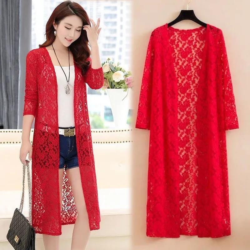 WTEMPO Zomer Dames Draag Kant Cardigan Zonnebrandcrème Lange mouwen Grote maat Medium lengte Dunne Jas XXXXXL rood