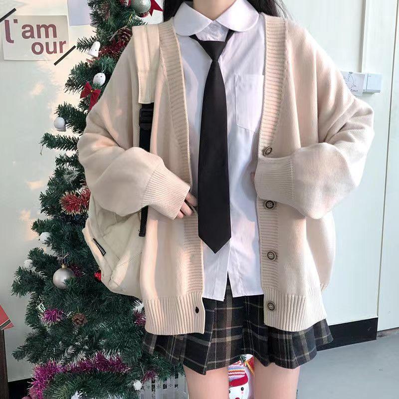 WTEMPO Japanse College Losse V-hals Cardigan Trui Vrouwelijke Buitenkleding Trui Jas Japans Schooluniform Gebreide Cardigan L beige